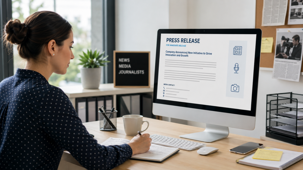 Professionnelle rédigeant un communiqué de presse destiné aux journalistes