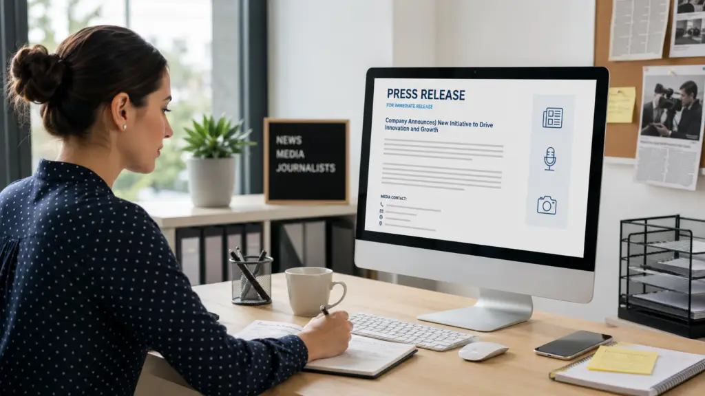 Professionnelle rédigeant un communiqué de presse destiné aux journalistes