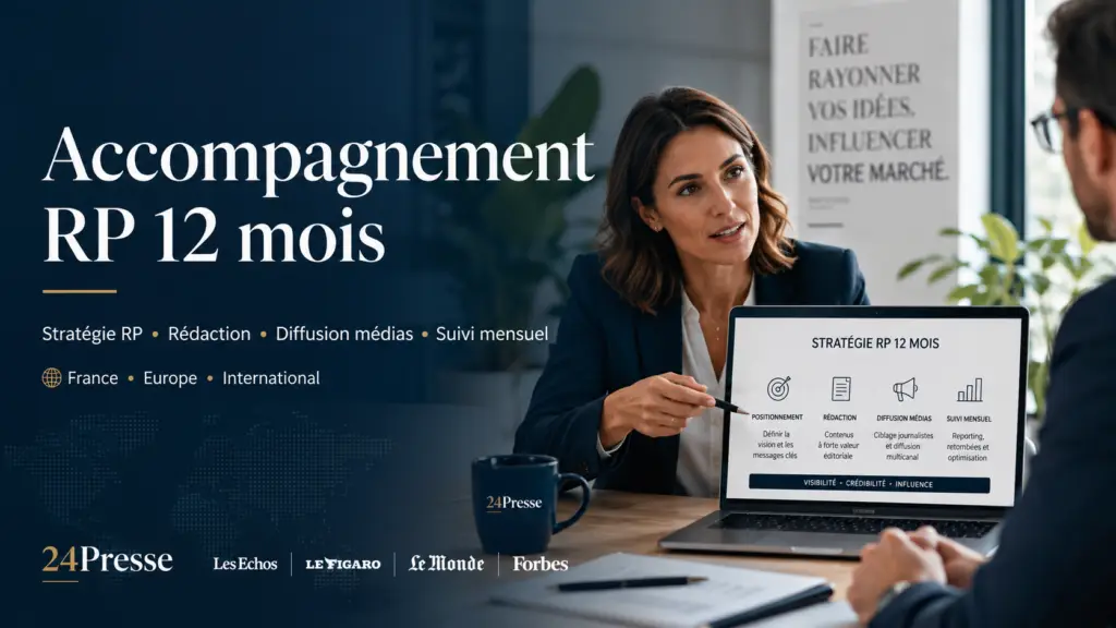 Consultante en relations presse présentant un accompagnement RP sur 12 mois à un dirigeant
