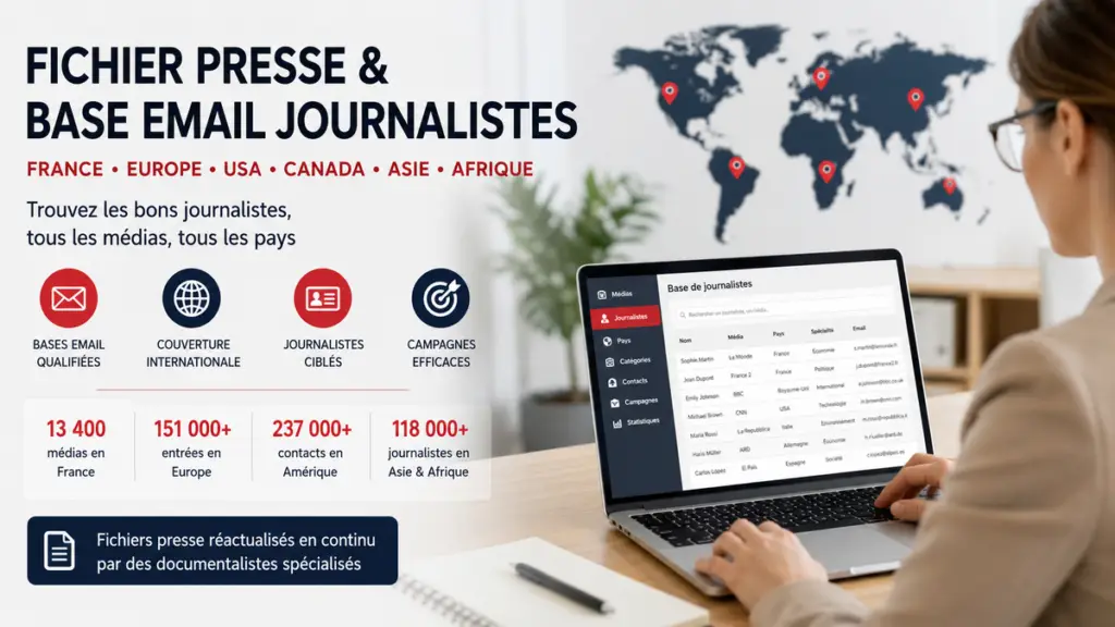 Professionnelle consultant une base d’emails de journalistes et de contacts médias