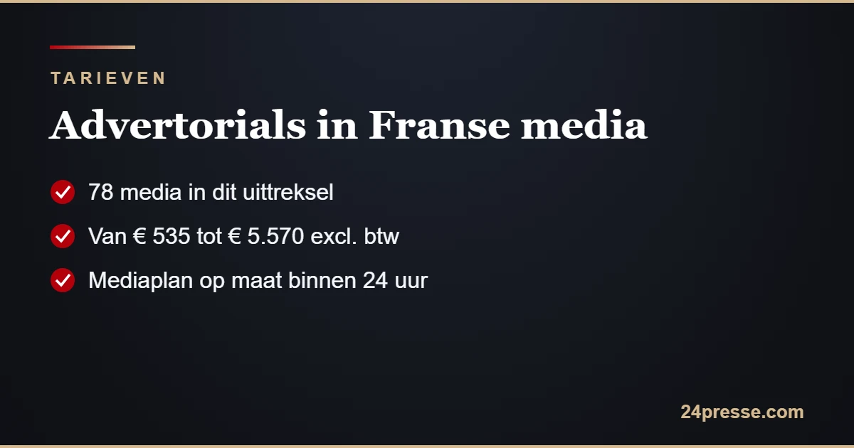 Tarieven advertorials in 78 Franse media, van € 535 tot € 5.570 excl. btw